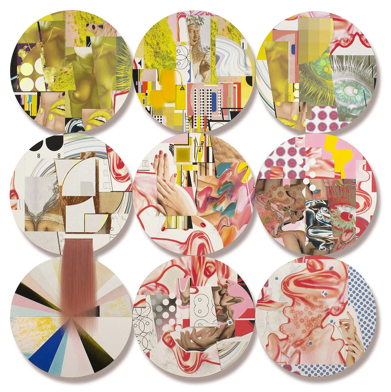 You’re Soaking In It , digital prints, acrylic paint, Flashe, glitter, synthetic fur, synthetic hair, beads, foam core, resin on wood panel, 72 x 72”, 2019