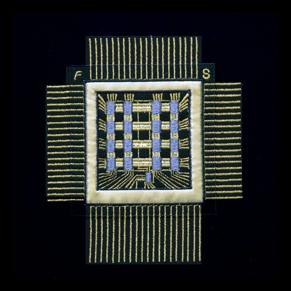SAM multichip 1968 , metallic and embroidery thread on polycotton, 12 x 12”, 2019