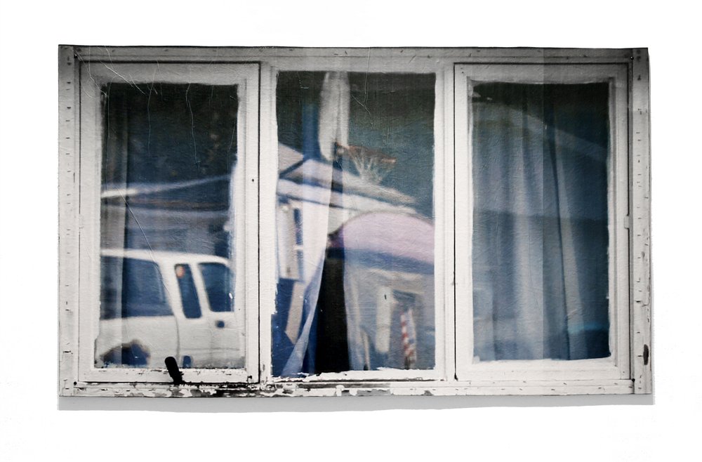  Amy Ritter,  Montray Heights 2, MH Window  Series, 2020, Color Photographic Xerox print, OSB plywood, 41.5 x 69.5 x .5 inches. 