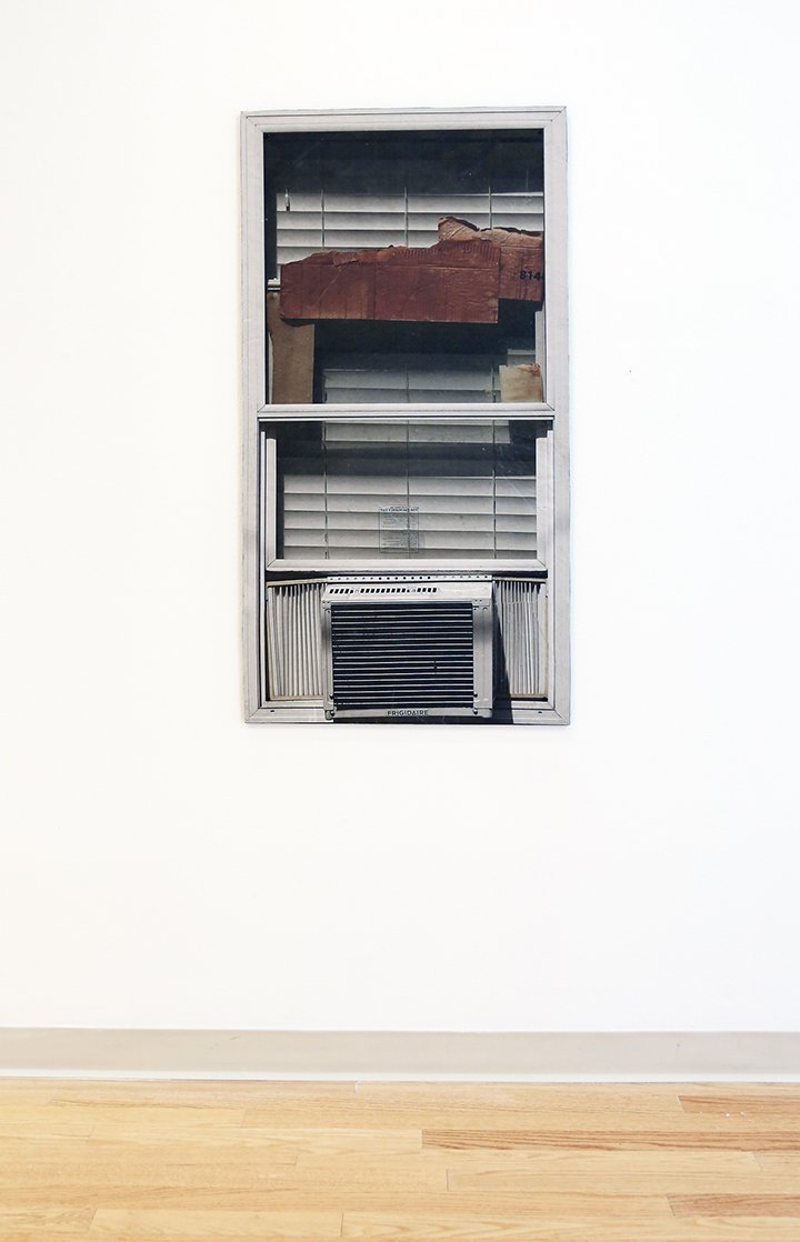  Amy Ritter,  Montray Heights 1 ,  MH Window  Series, 2020, Color Photographic Xerox print, OSB plywood, 47 x 25 x .5 inches. 