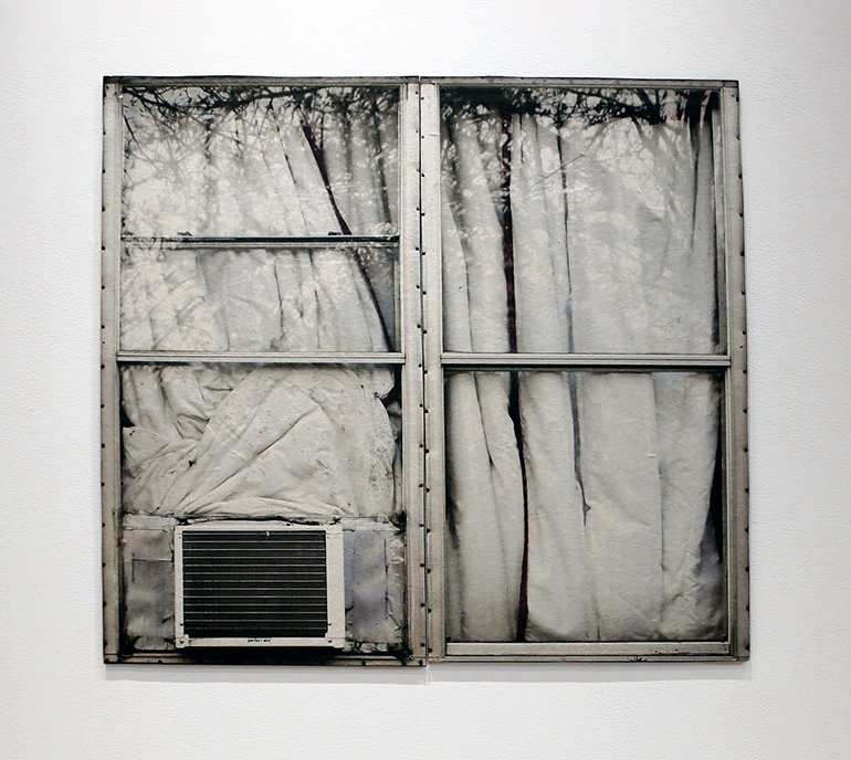  Amy Ritter,  Li’l Wolf 4,   MH Window  Series, 2020, Color Photographic Xerox print, OSB plywood, 48.75 x 44.5 x .5 inches. 