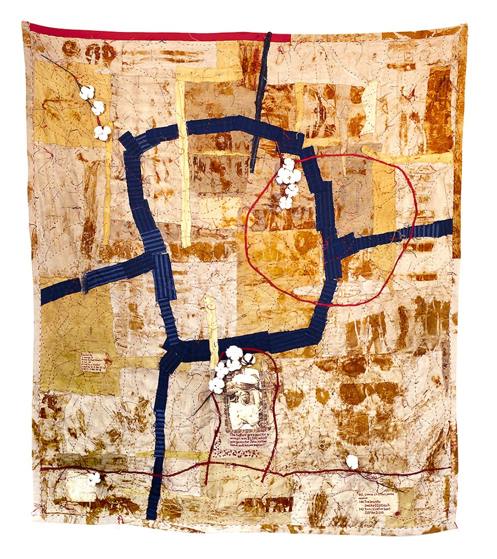   Ritual Cloth no.1 , 2021, plant and rust dyed osnaburg, indigo-dyed cotton, muslin, cotton bolls, archival photograph copied on cotton, thread, hand-stitched and quilted, 7’x6’ 