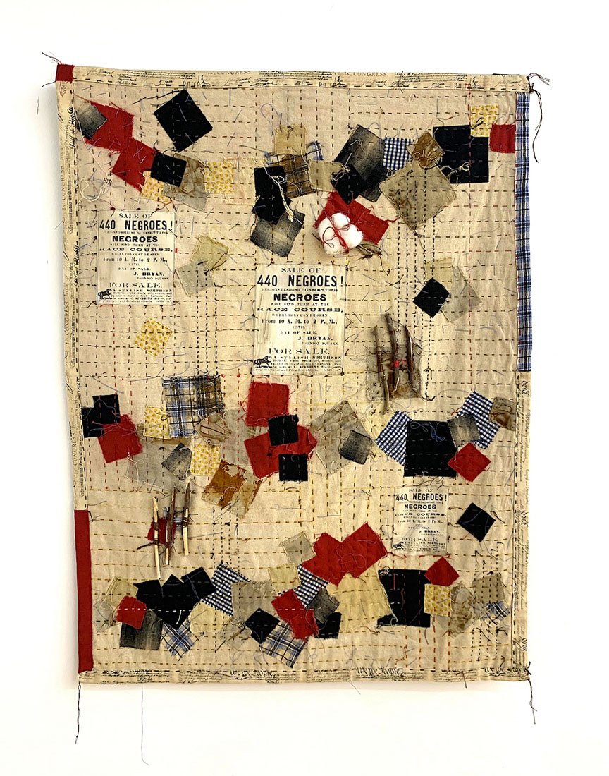   auction notice , 2021, plant-dyed osnaburg, cotton, thread, archival document copied on cotton, muslin, cotton boll, twigs, 39”x28”x1” 