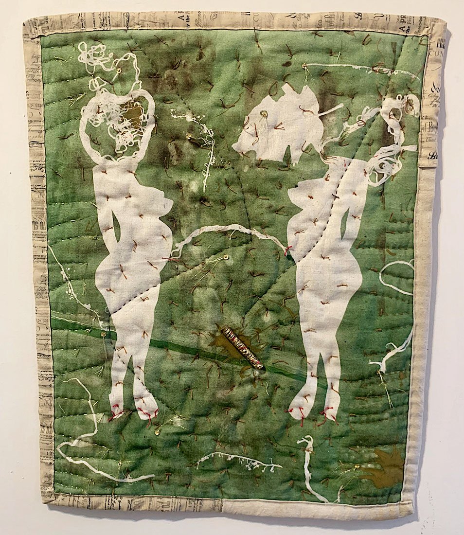   Their Spirits Live In The Forest , 2022, oil monoprint on osnaburg, cotton, thread, glass bottle, glass beads, sequins, hand-stitched and quilted, 27”x22” 