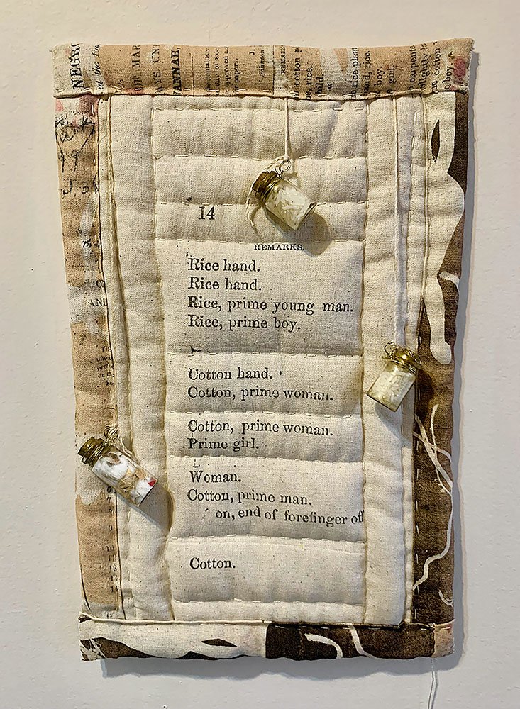   trauma poem , 2022, screen print on osnaburg, oil monoprint on osnaburg, cotton batting, cotton string, glass bottles, cotton boll, rice, wire, acrylic, 16”x10”x2”” 