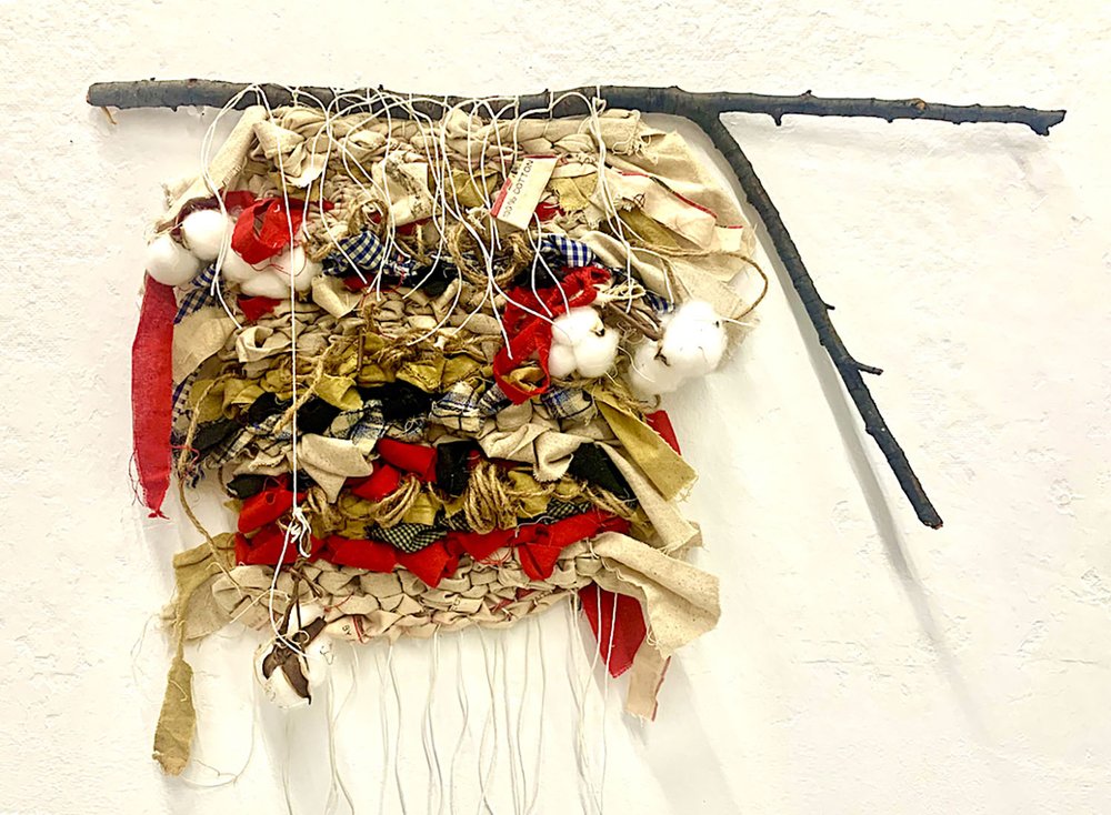   chattel no.278 , 2022, plant-dyed osnaburg, cotton, jute, burlap, cotton string, cotton boll, twig, hand-woven, 20”x15”x1” 