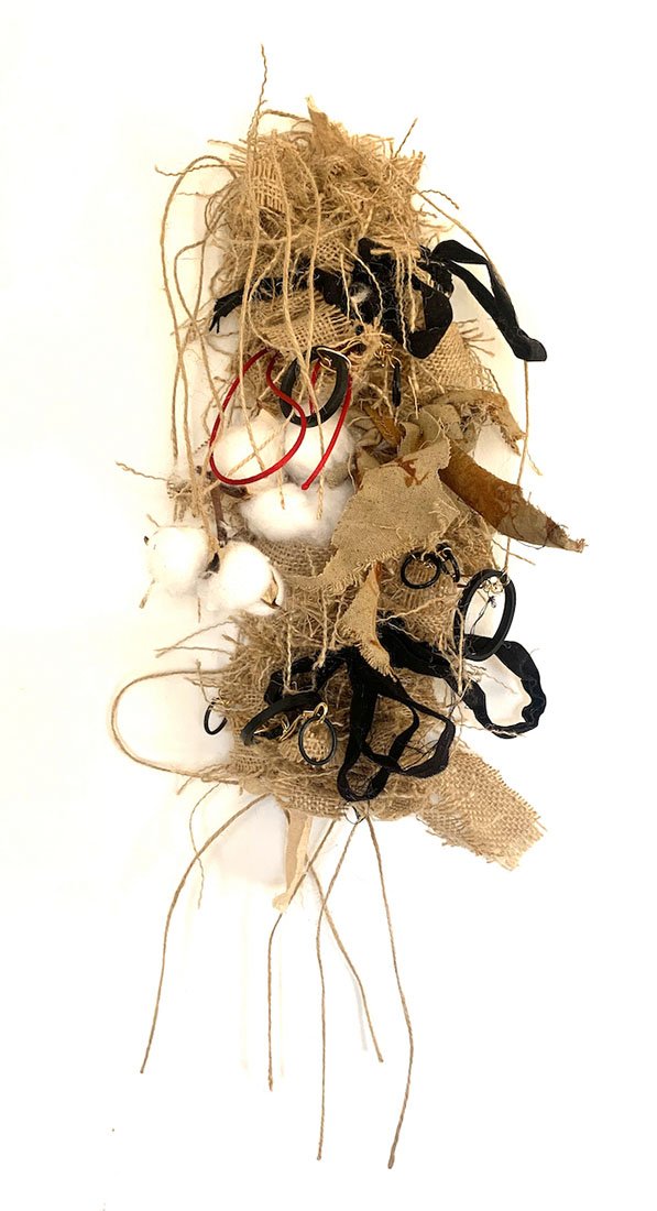   Jeffery’s love , 2023, burlap, rust-dyed osnaburg, wire, plastic rings, cotton bolls, jute, cotton, synthetic string, hand-woven, 18”x10”x5” 