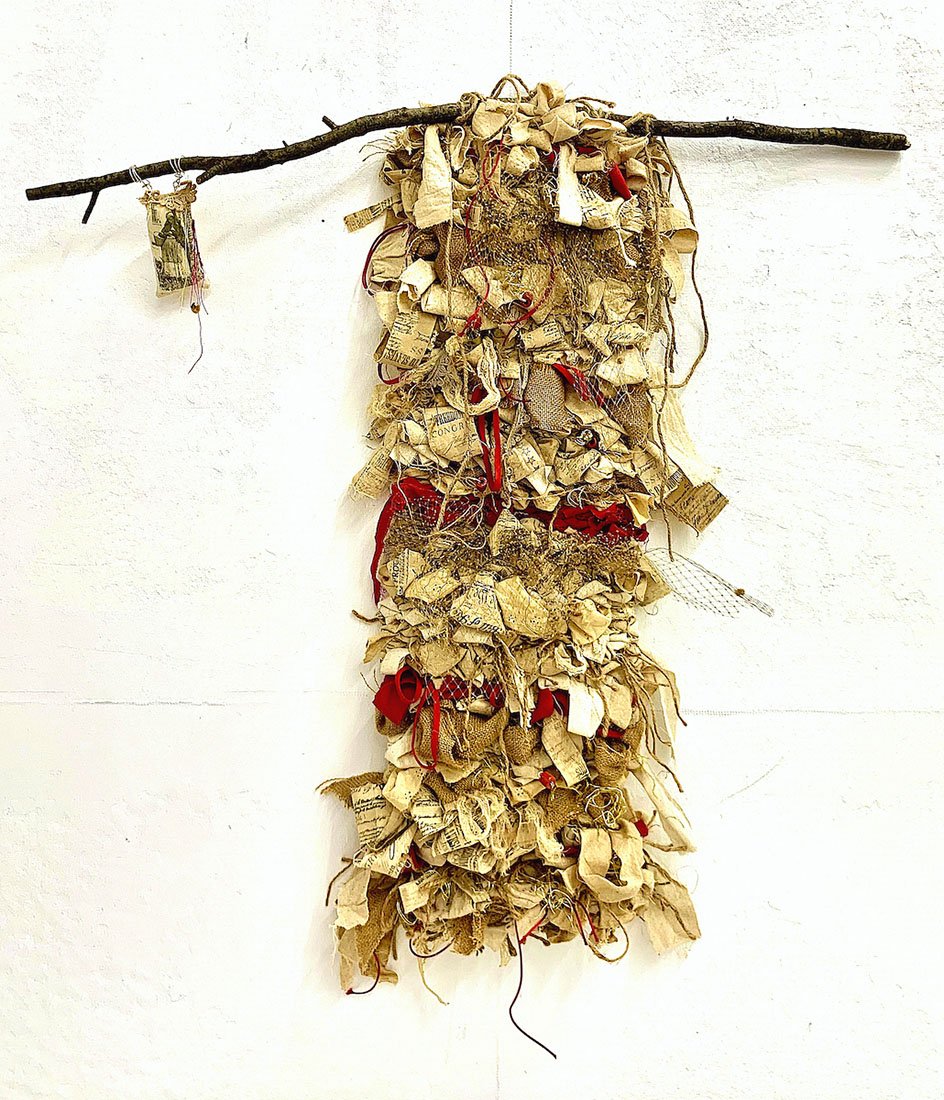   Witness , 2022, plant-dyed osnaburg, cotton, cheese cloth, jute, tulle, wire, glass beads, burlap, lace, archival image screen printed on osnaburg, twig,&nbsp; hand-woven, 41”x 36”x2” 