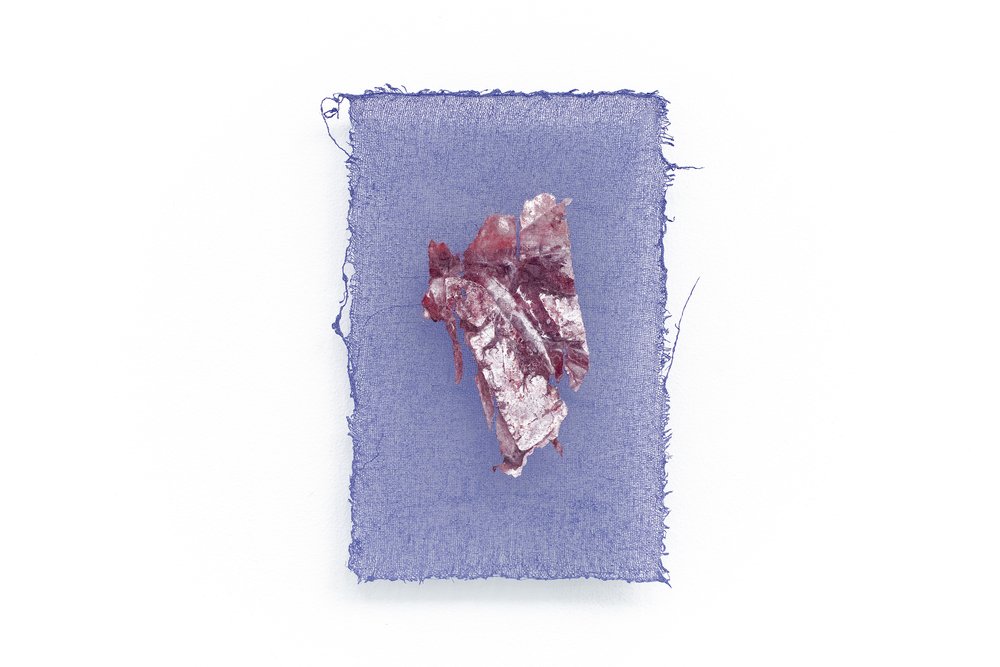  Xinyi Liu,  Heart , 2022, mulberry paper and acrylic on gauze, 6 3/10 x 5 3/10 inches 