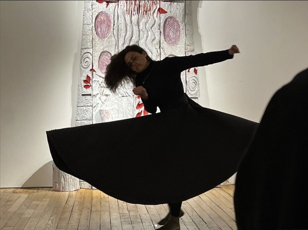  Fanny Pérez, Whirling in front of Nancy Azara’s wall relief,  Dawn/Light ,  VOTIVES: Sculptures, Nancy Azara , Carter Burden Gallery, New York, NY 