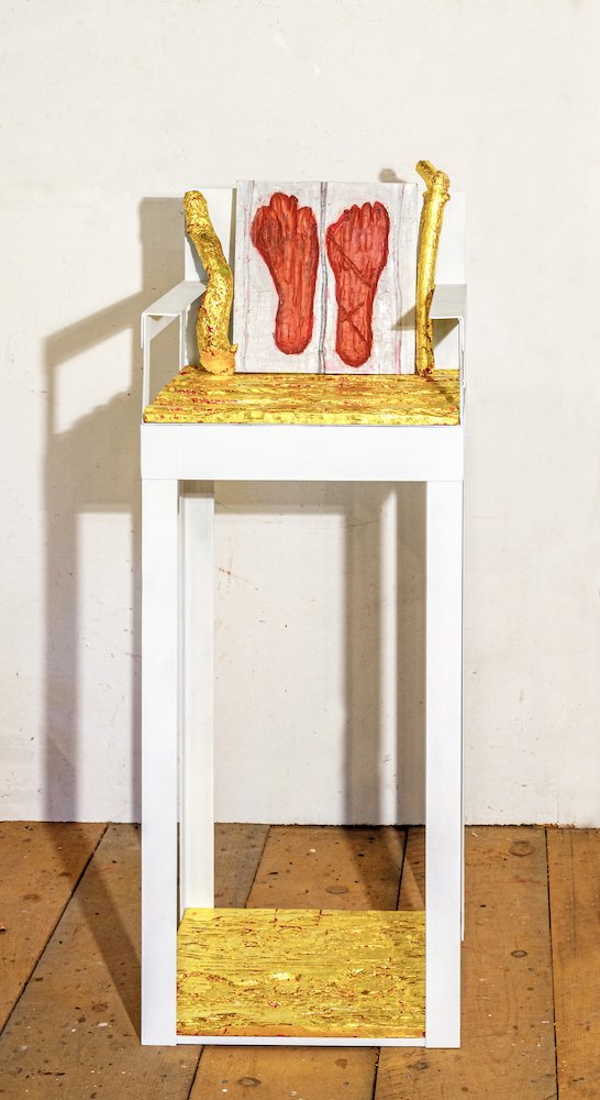   High Chair , 2019, carved, painted and gilded wood, steel, 50” x 18” x 18”, photo credit John Kleinhans 