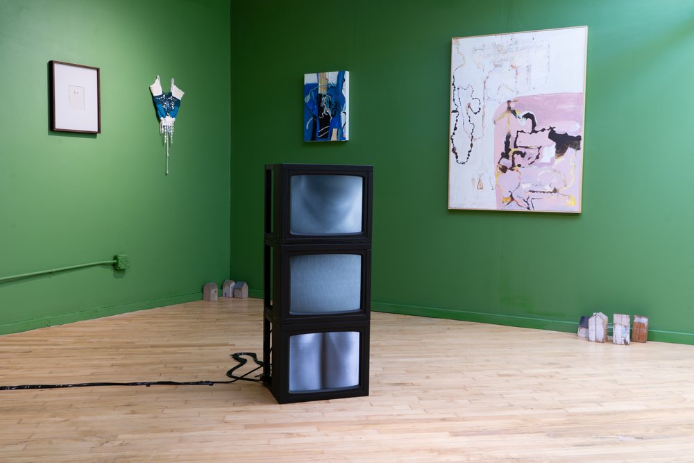   Thing and Spirit , 2023, 02:00, continuous loop, no sound, black and white digitized Hi-8 tapes, 3 LED LCD monitors in black wooden boxes, 17 x 14 x 42.5 inches 