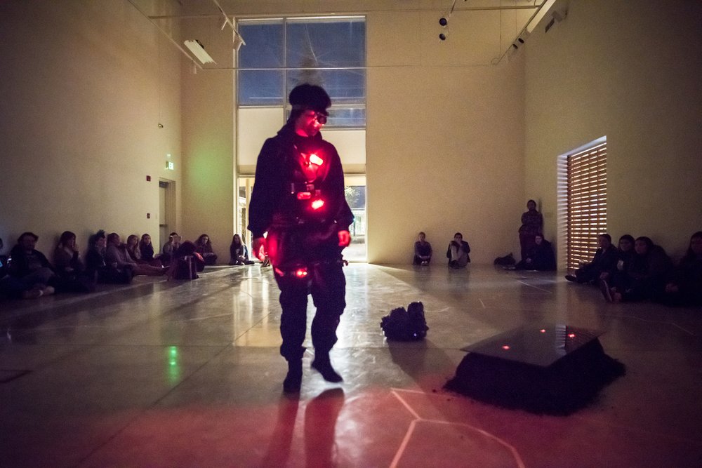  Lu Yim,  Futility of Preparedness , 2018, Performance with bike lights and minesweeper technology, duration variable. Linfield Gallery, OR. 