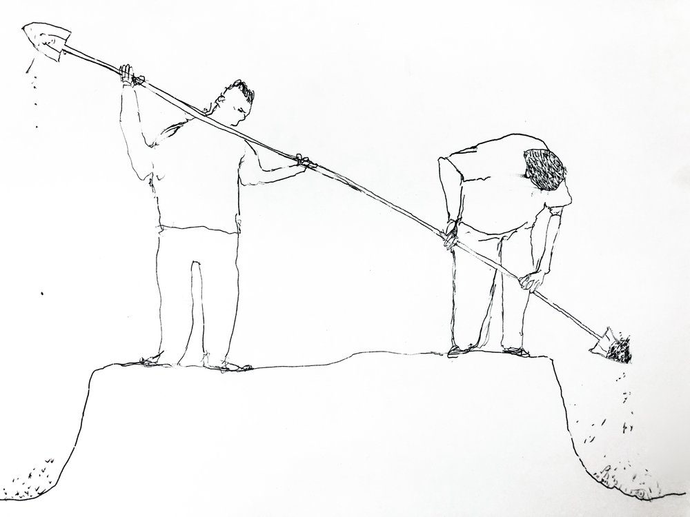  Ohan Breiding,  Action Drawing: Digging two holes/building a bridge , 2017, Ink on paper, 8 1/2 x 11 inches. 