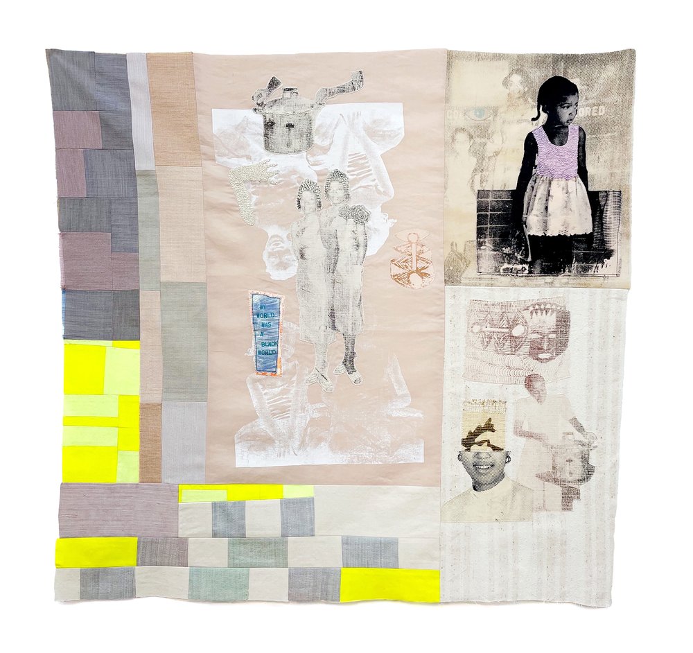 Stephanie Santana,  Vantage Point,  2022, Silkscreen, monotype, hand embroidery, textile, batting, thread, 33 3/4 x 34 1/2 inches. Unique. 