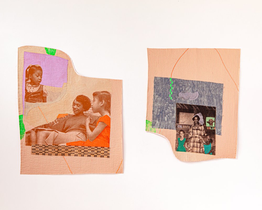  Stephanie Santana,  A Watchful Eye  (diptych) ,  2021, Silkscreen, monotype, relief printing, hand embroidery, acrylic, cotton textile, batting, thread, 23 3/4 x 29 inches (left), 21 x 25 1/2 inches (right), installation dimensions variable. Unique.
