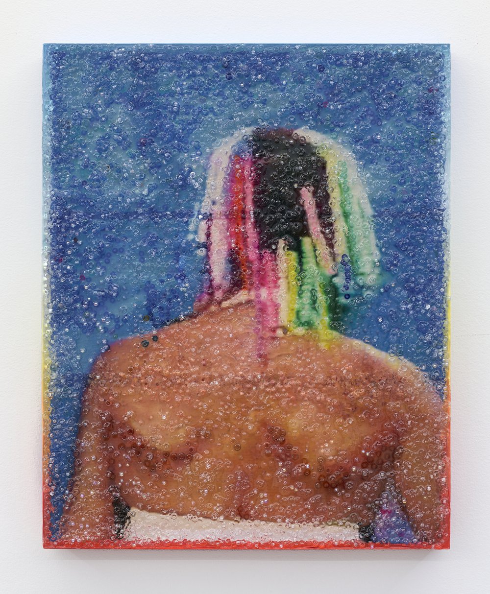  Quinci Baker,  Represent II,  2023, Inkjet collage, pony beads, acrylic on cradled wood panel, 24 x 30 x 2 1/2 inches. 