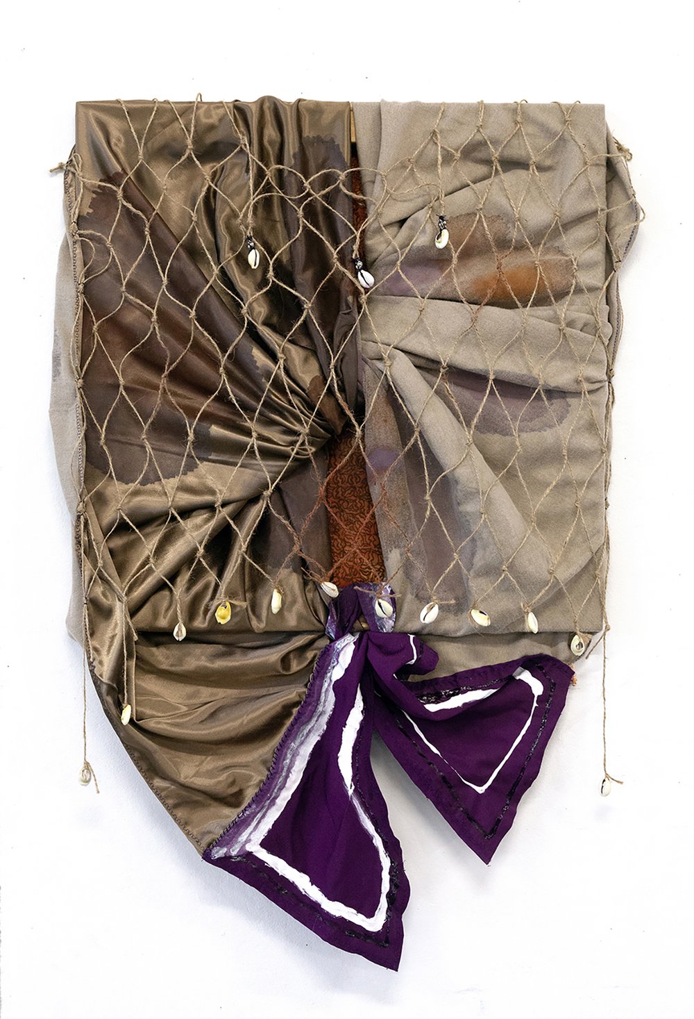  María de Los Angeles Rodríguez Jiménez,  Omolu , 2023, Cotton, acrylic, net, and cowry shells, 24 x 30 inches. 