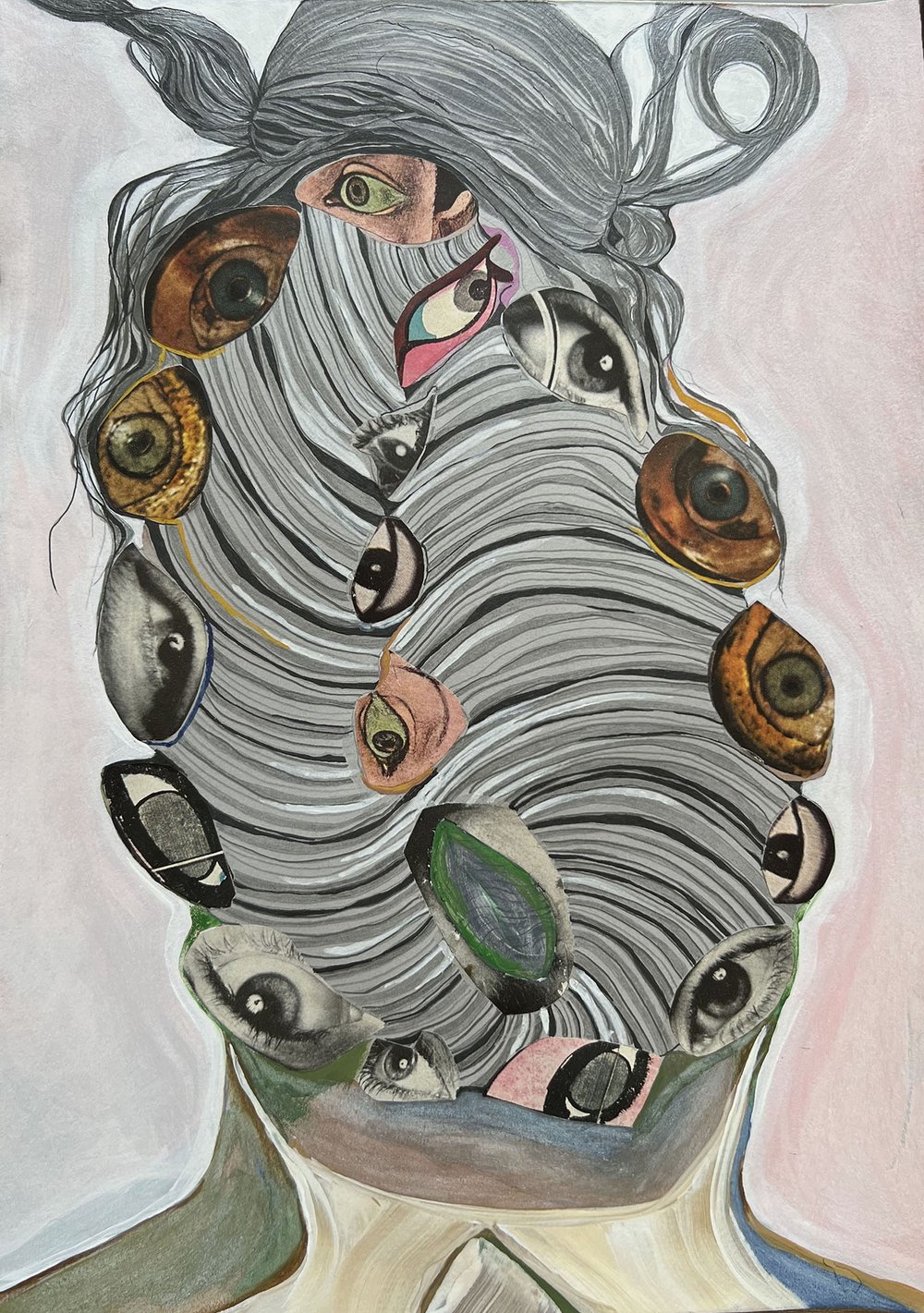  María de Los Angeles Rodríguez Jiménez,  mask i (Yemaya) , 2022, Watercolor, graphite, acrylic, and magazine paper, 24 x 18 inches. 