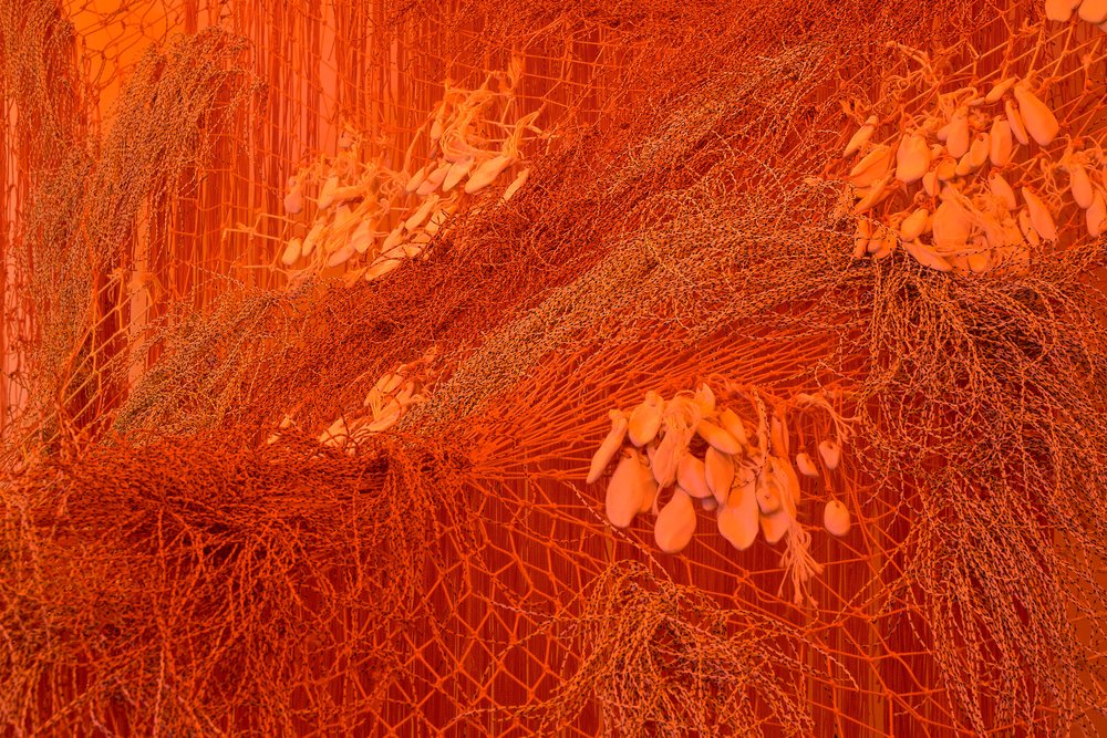  Mimi Biyao Bai,  Net  (detail), 2020–2024, Hand-tied cotton and nylon string, clay, paracord, window tint, dimensions variable. Photograph by Brad Farwell.                         