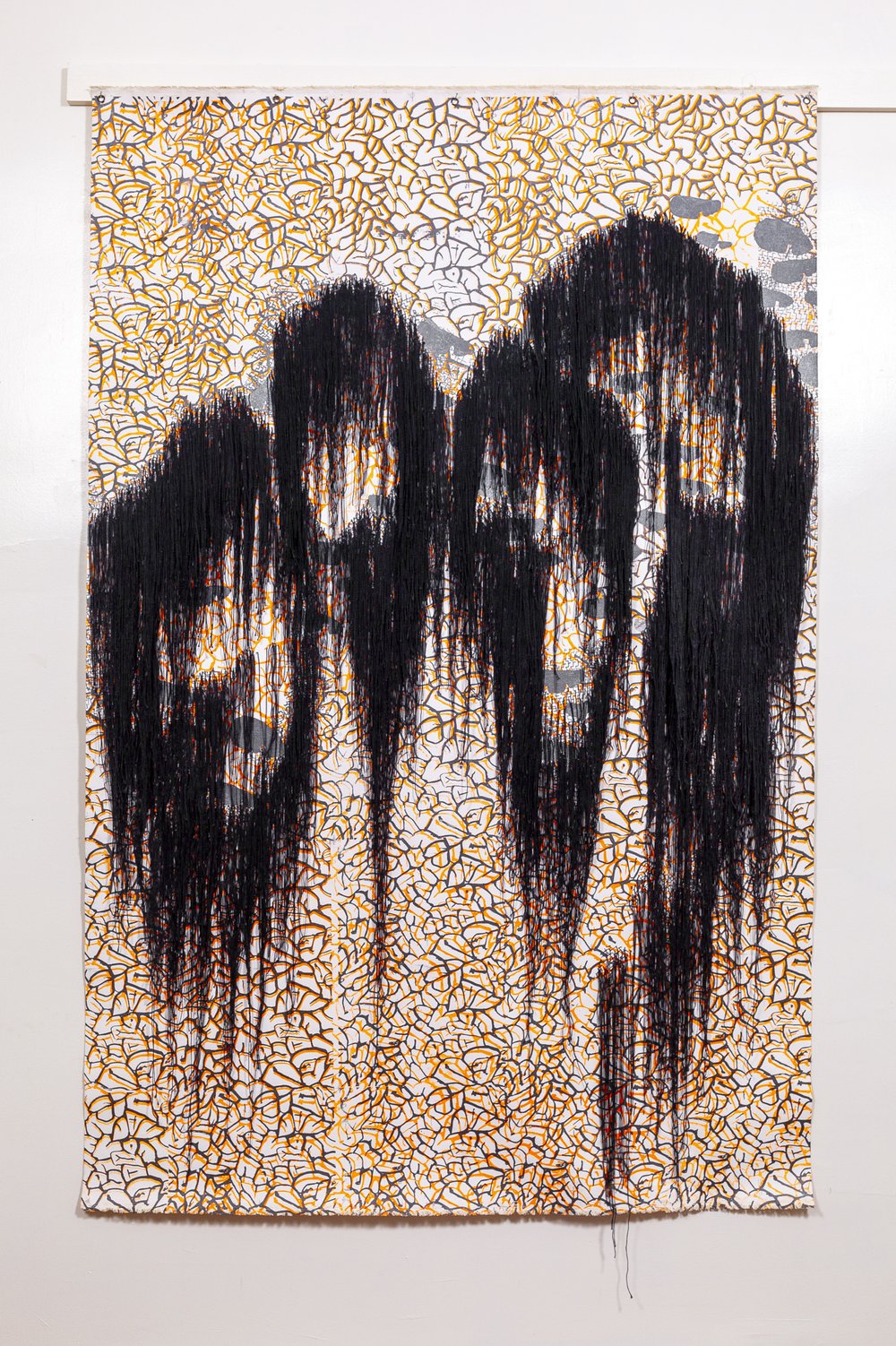  Mimi Biyao Bai,  Family Vacation , 2023, Silkscreen and thread on canvas, 72 x 46 x 1/2 inches. 