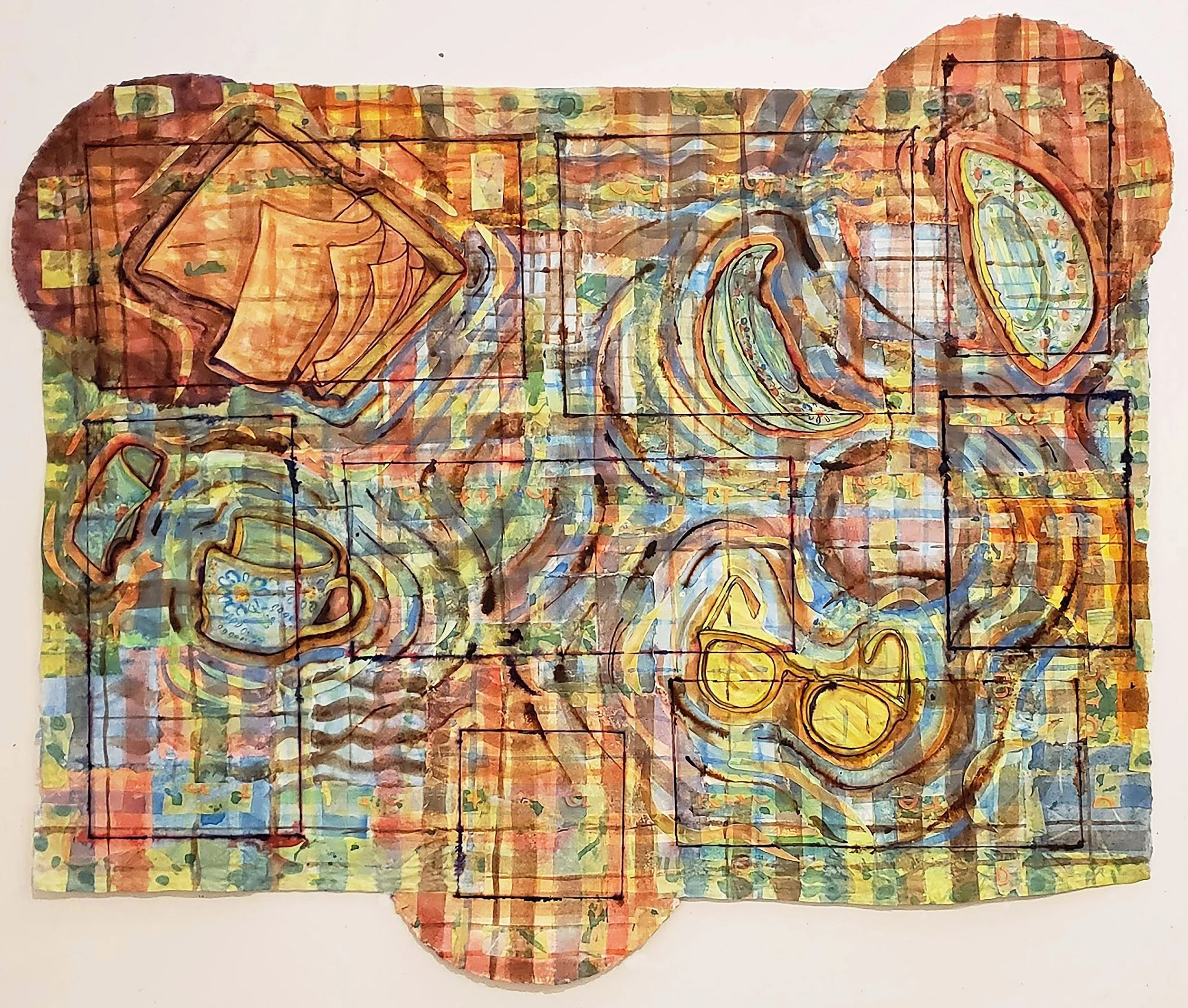  Sasha Chavchavadze,  Disrupting the Fabric (Louise Bryant) , 2024, Mixed media painting/collage on handmade paper, 45 x 50 inches 