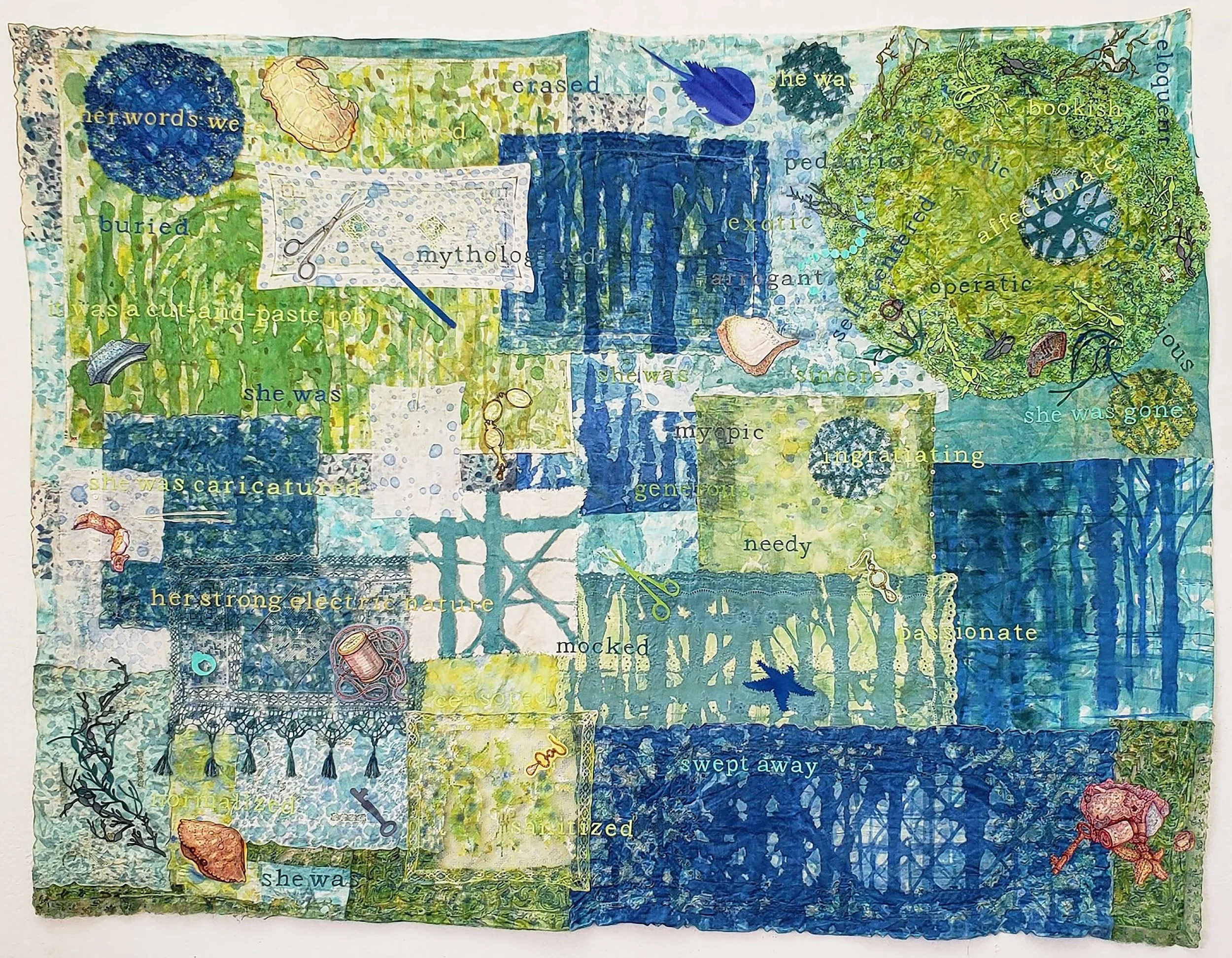  Sasha Chavchavadze,  A Cut and Paste Job (Margaret Fuller),  2020, mixed media painting/collage on antique fabric, 84 x 96 inches 