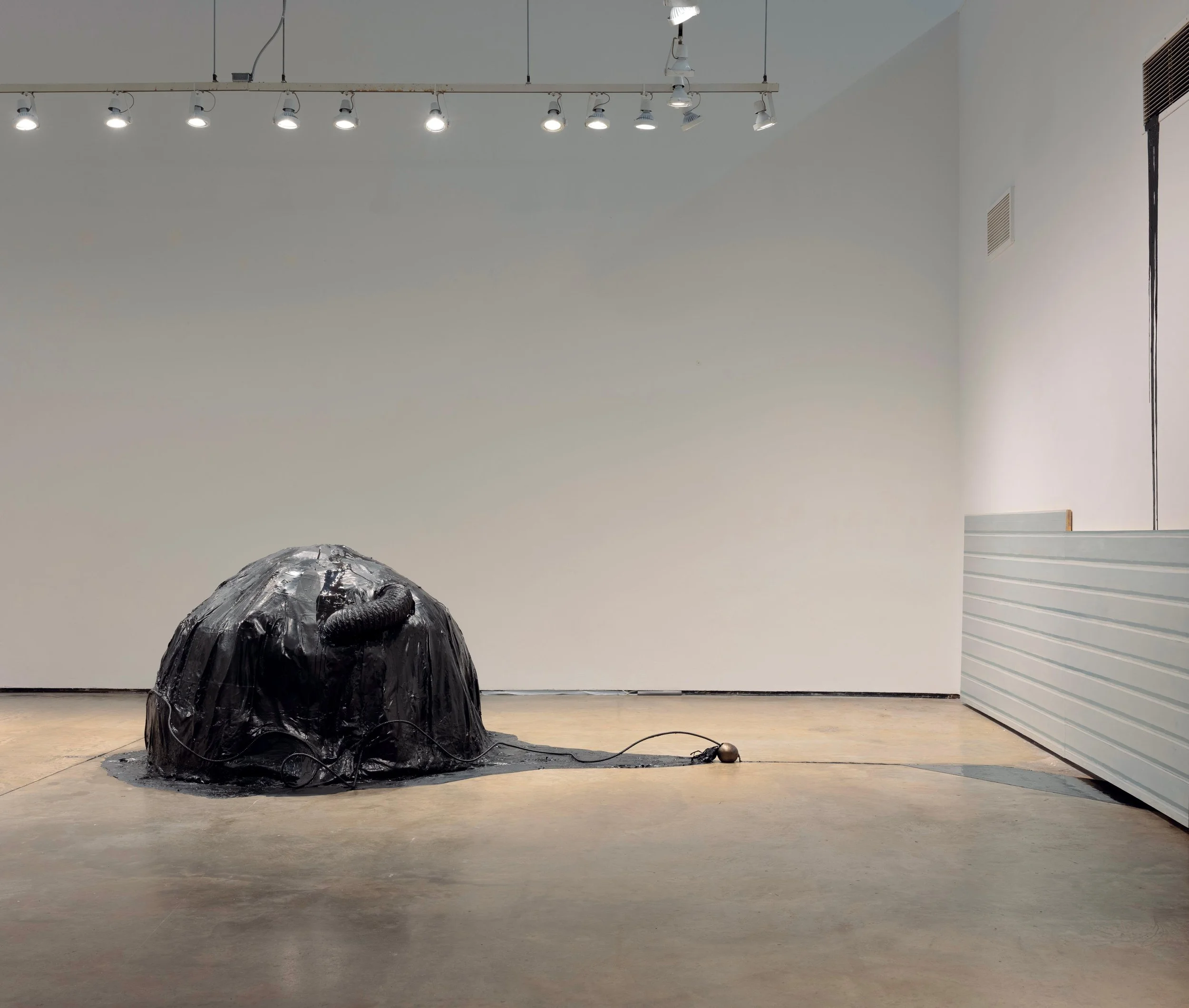   Site of Failure , 2024, Acrylic paint skin, resin, steel, bouncy house inflator, flexible metal conduit, ceramic, Dimensions vary 