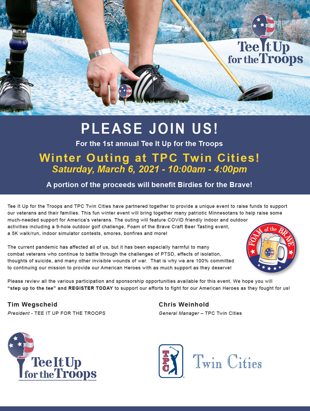 Lakukan Tee It Up untuk Troops Winter Outing di TPC Twin Cities pada 6 Maret 2021