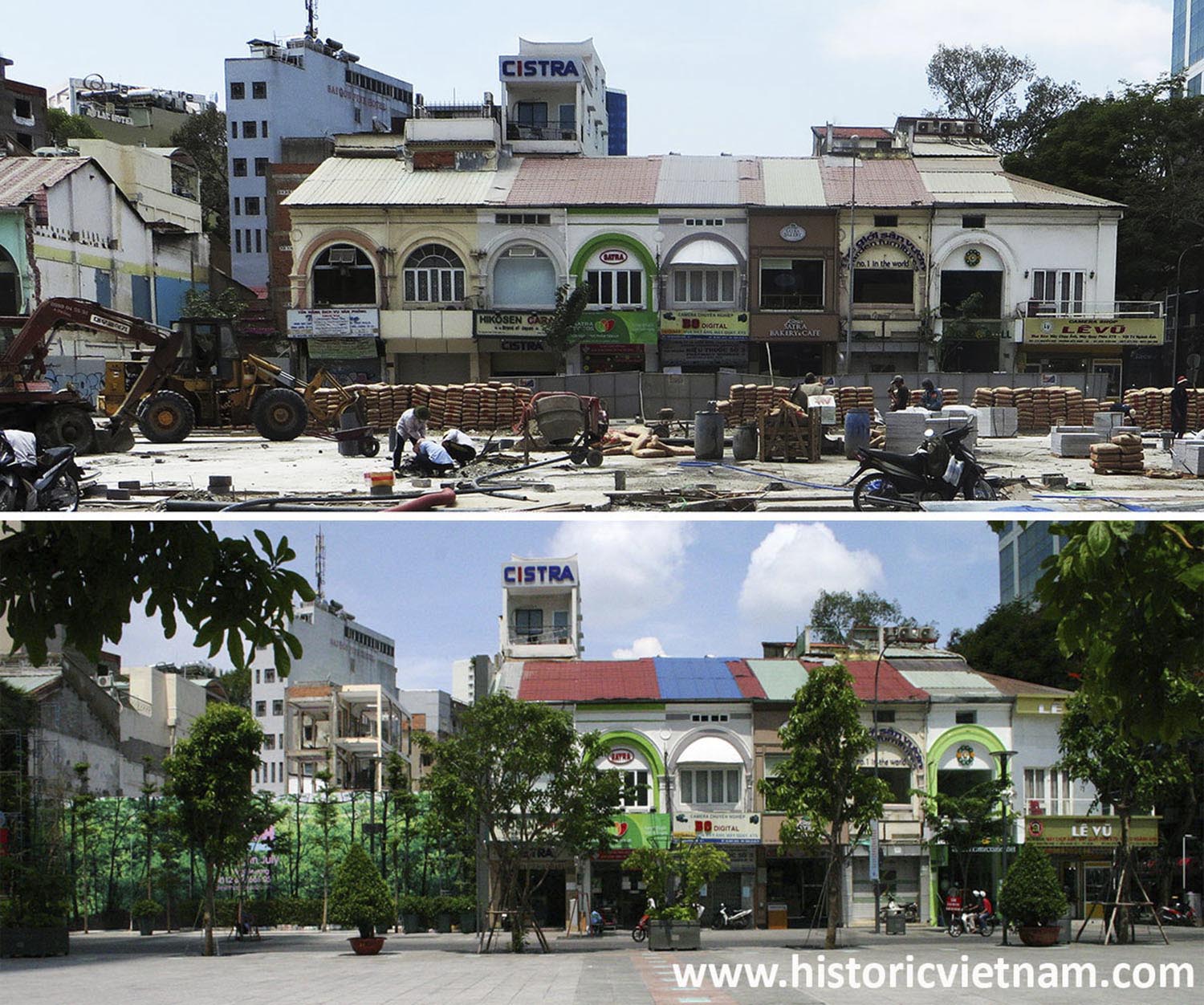 Nos 85-113 Nguyễn Huệ, pictured in March 2015 and in June 2015. To date Nos 89-99 have been demolished.