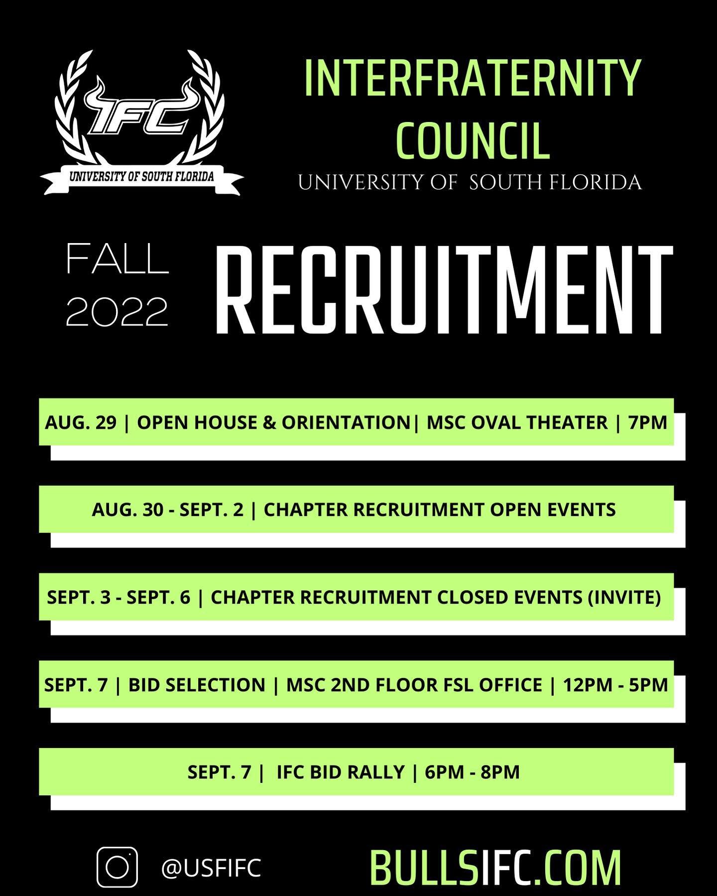 Fall 2022 RECRUITMENT SCHEDULE

We&rsquo;re only a few days away from the start of recruitment week! Here&rsquo;s a look at the recruitment schedule for the upcoming week. Be sure to get registered through the link in bio. Registration CLOSES Septemb