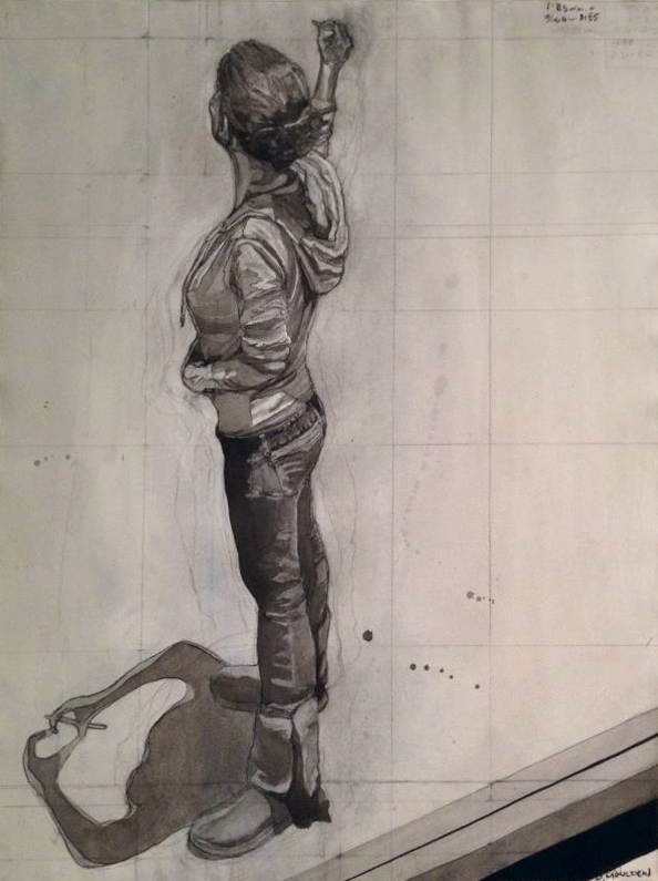 "Self Portrait", charcoal and India ink on paper.