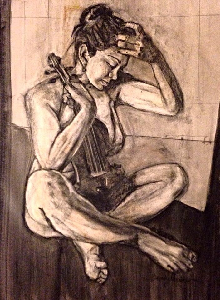 "Acoustic Unrest", 22.5" x 30" charcoal and India ink on paper.