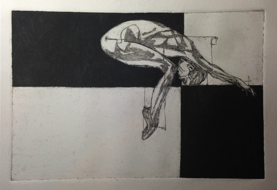 "Control", copper etching ink print on paper.