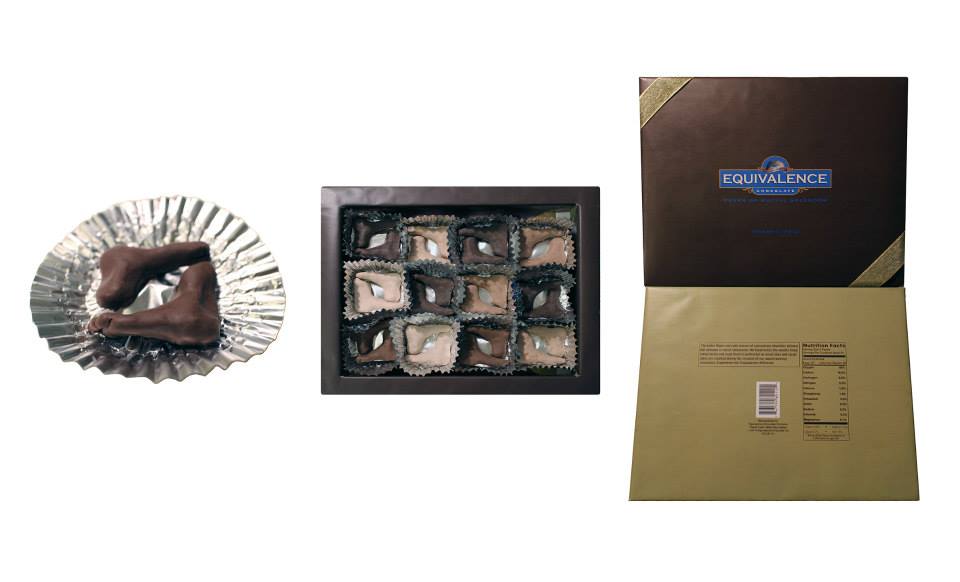 "Equivalence Chocolates", chocolate, paper, foil and digital renderings.