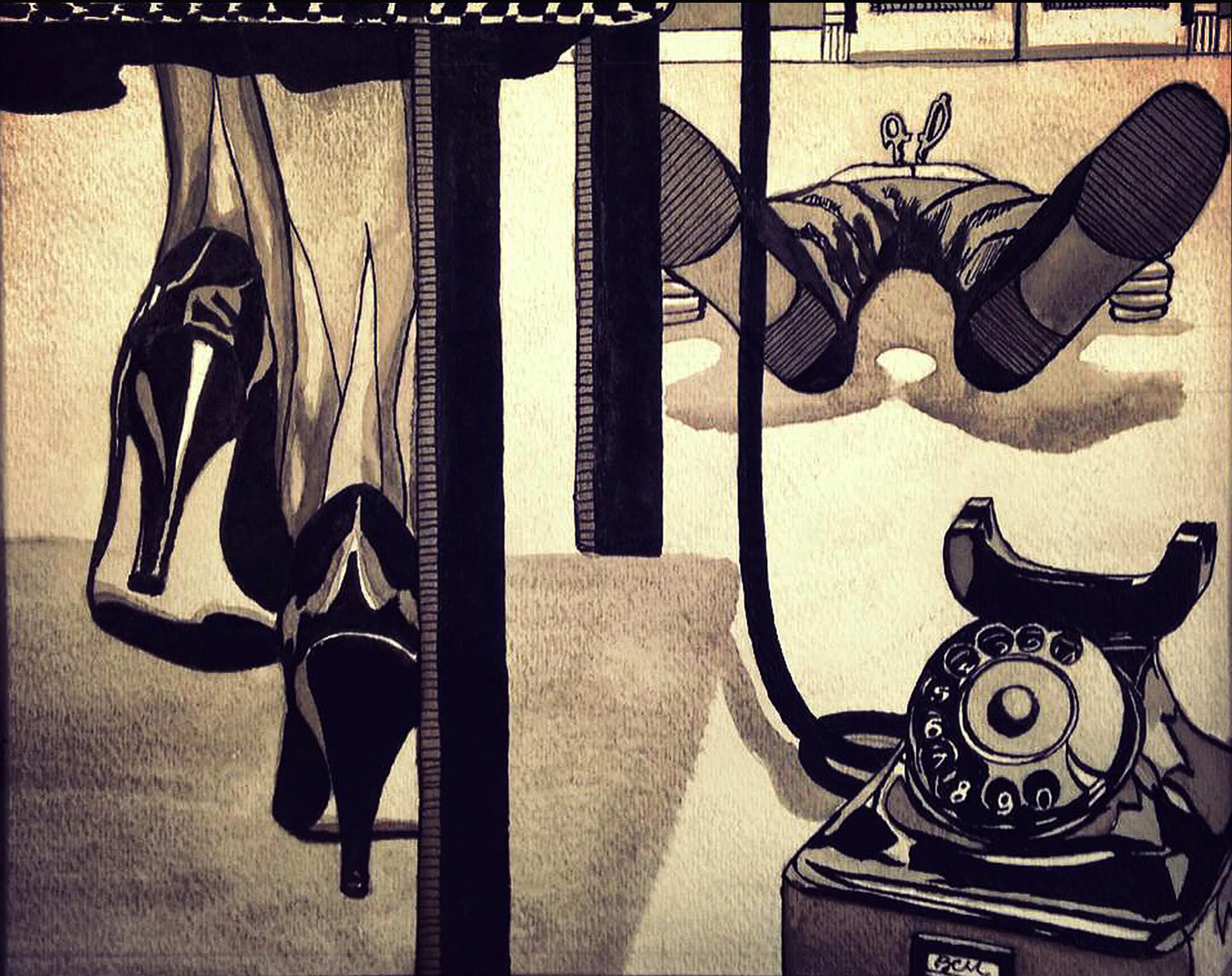 "The Phone Call", India ink on paper.