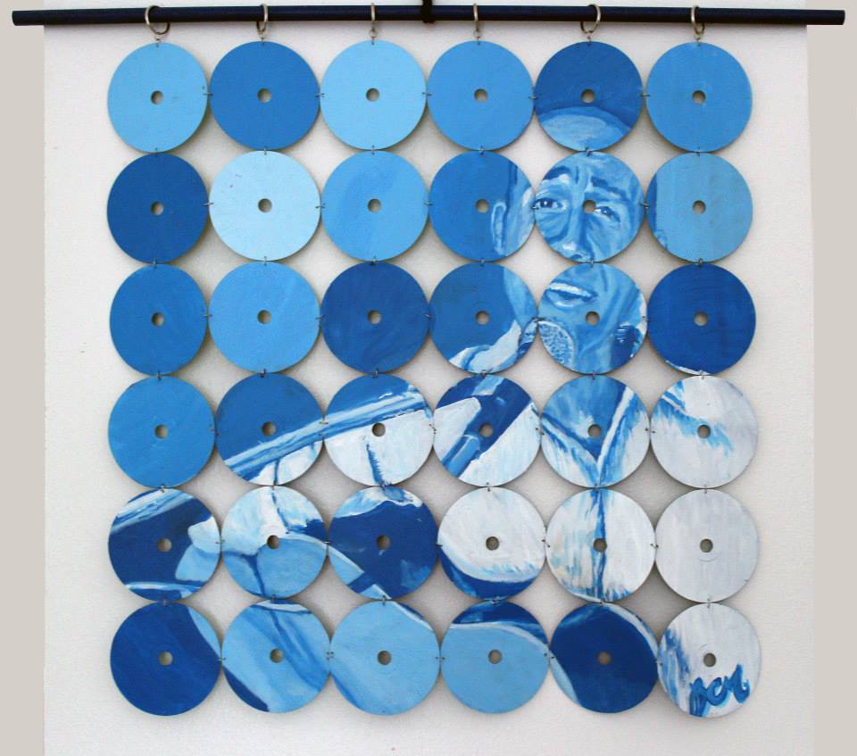 "Rhapsody in Blue", acrylic, recycled cds and hardware.