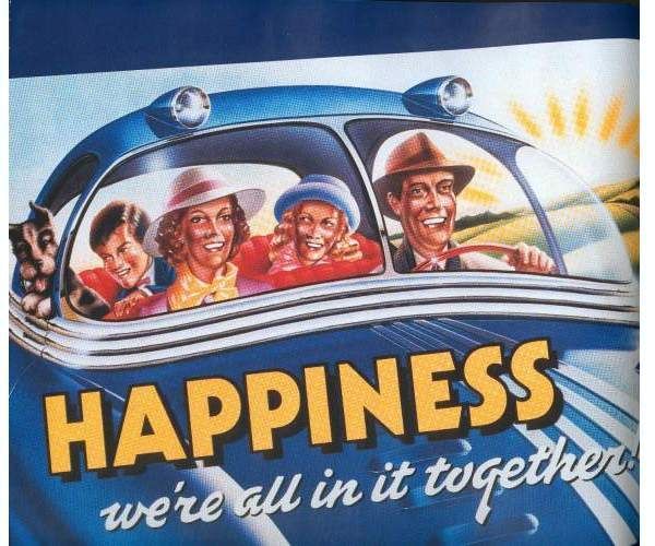 a billboard with a white family of 4, with dog, in a car captioned 'We're all in it together'