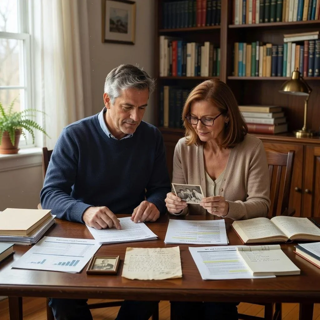 A parent reviewing important documents at a bright home-office desk, with a family photograph nearby. Place before the concluding section.