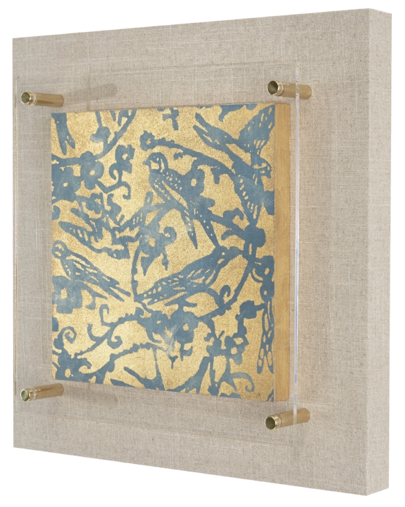Birds and Blossoms in Teal with gold leaf.