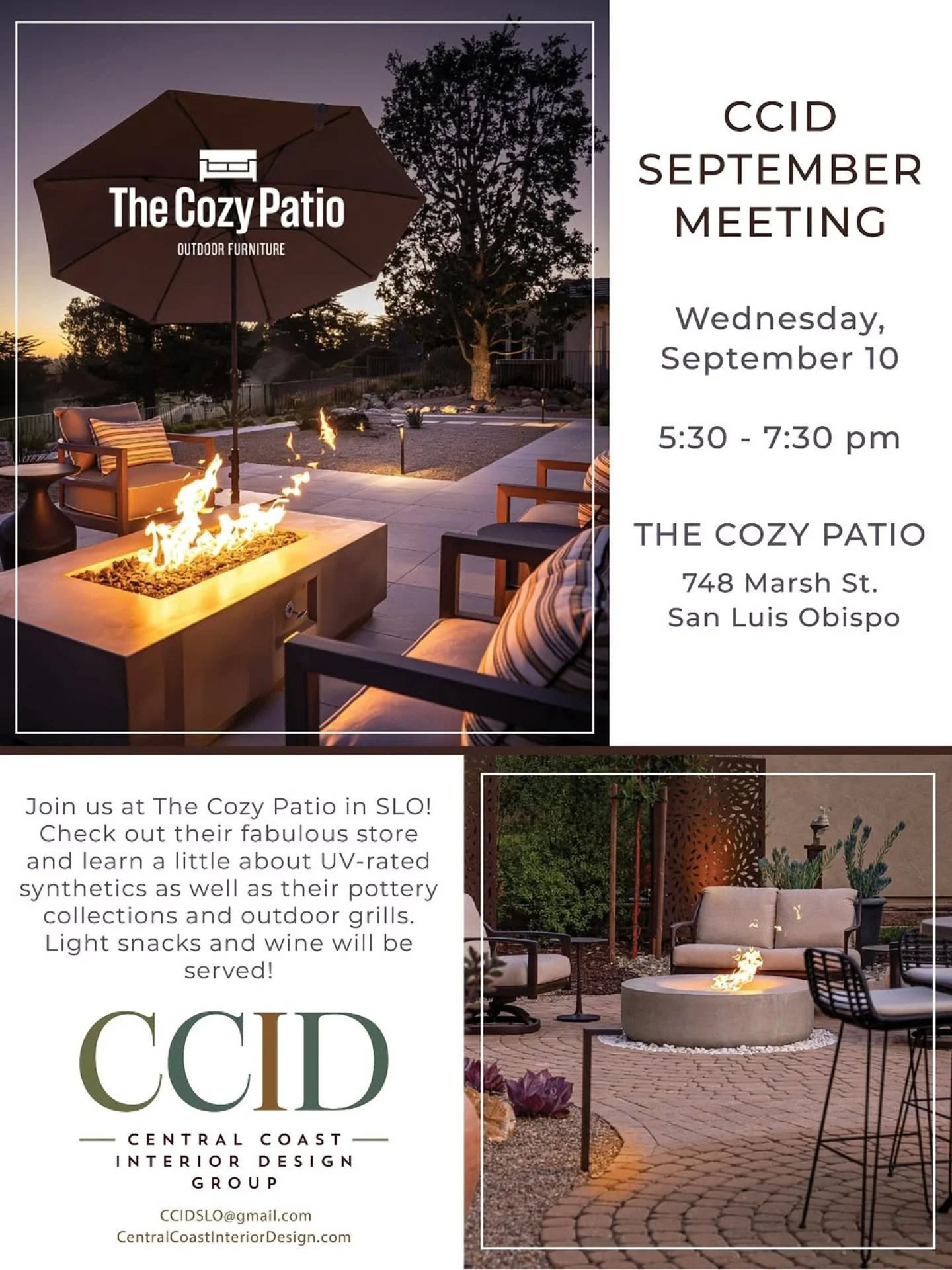 Join us next week at The Cozy Patio in SLO! Wednesday, September 10th at 5:30pm. Learn about UV-rated synthetics and checkout their pottery collection and outdoor grills!