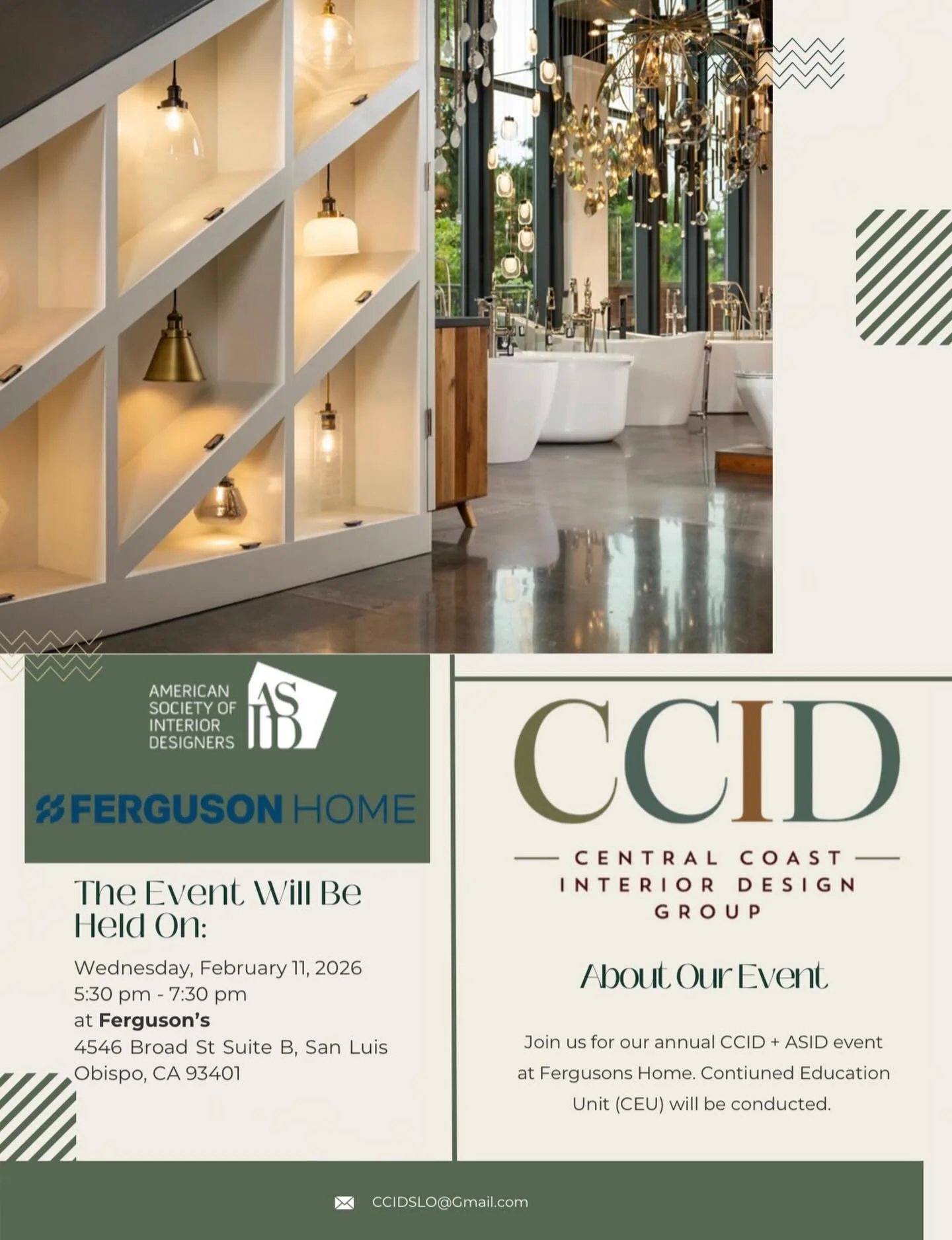 We are excited to invite you to our annual CCID + ASID event, taking place at Fergusons Home (sponsored by Moen and BSH) on Wednesday, February 11th, from 5:30-7:30. This event is a great way to connect with fellow industry professionals, enjoy a bea