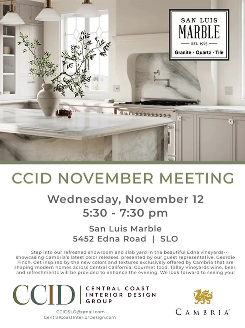 Join us for our November meeting tomorrow - Wednesday, November 12th at San Luis Marble! Check out their refreshed showroom and slab yard in the beautiful vineyards showcasing Cambria&rsquo;s latest color releases presented by Geordie Finch. Enjoy go
