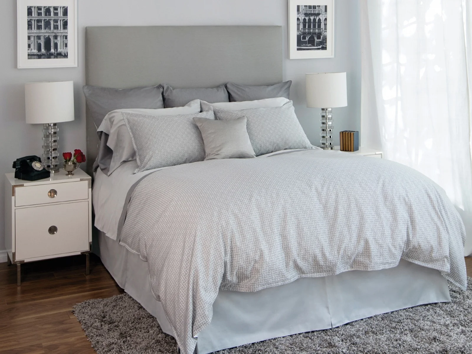 Tessella duvet cover and shams has clever geometric pattern, that is easy on the eye in clean white and pewter grey. 100% cotton made in Italy by St Geneve.