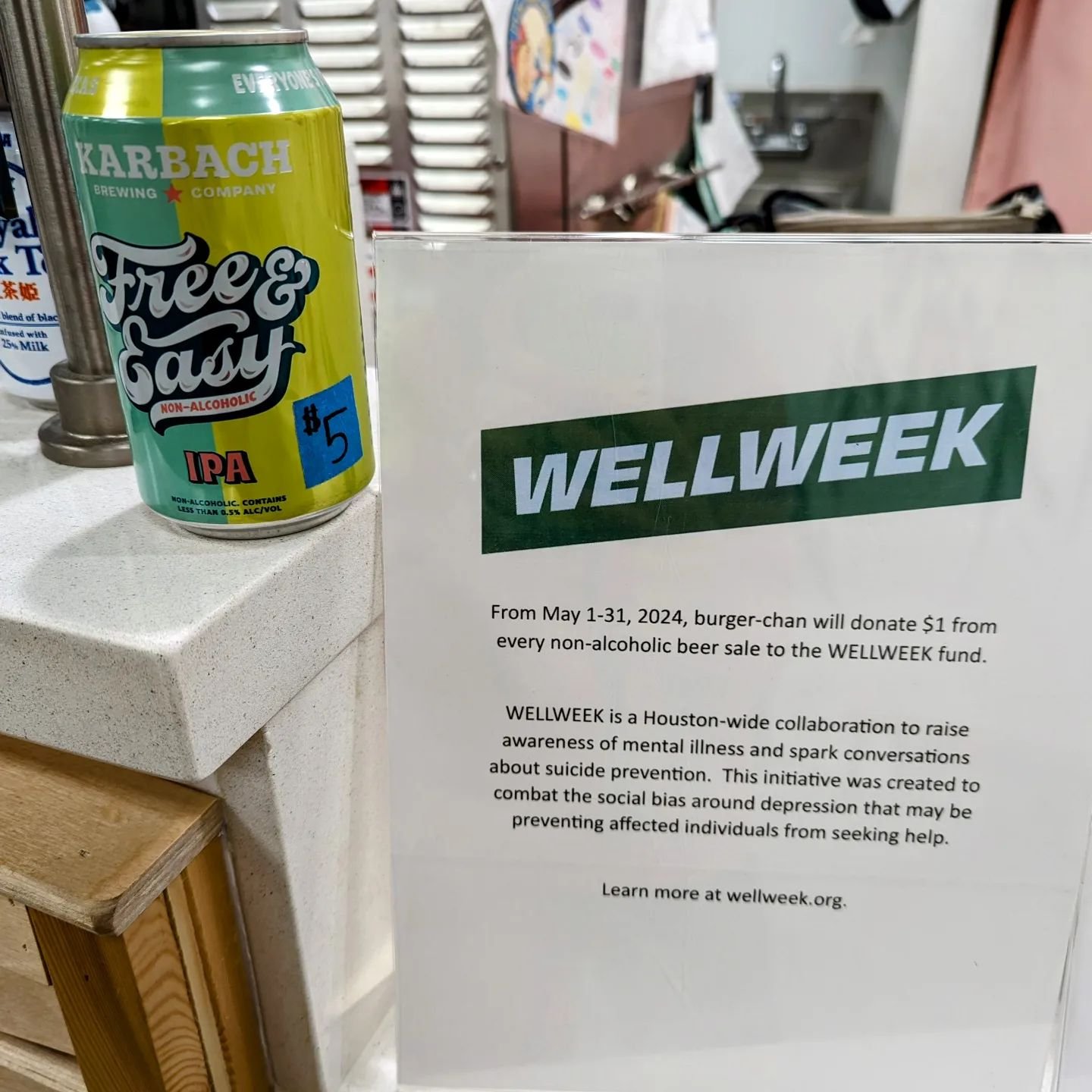 From May 1-31, 2024, burger-chan will donate $1 from every non-alcoholic beer sale to the @well_week fund.

This month's non-alcoholic beer is @karbachbrewing free &amp; easy non-alcoholic IPA.

Cheers to good moods and good foods!