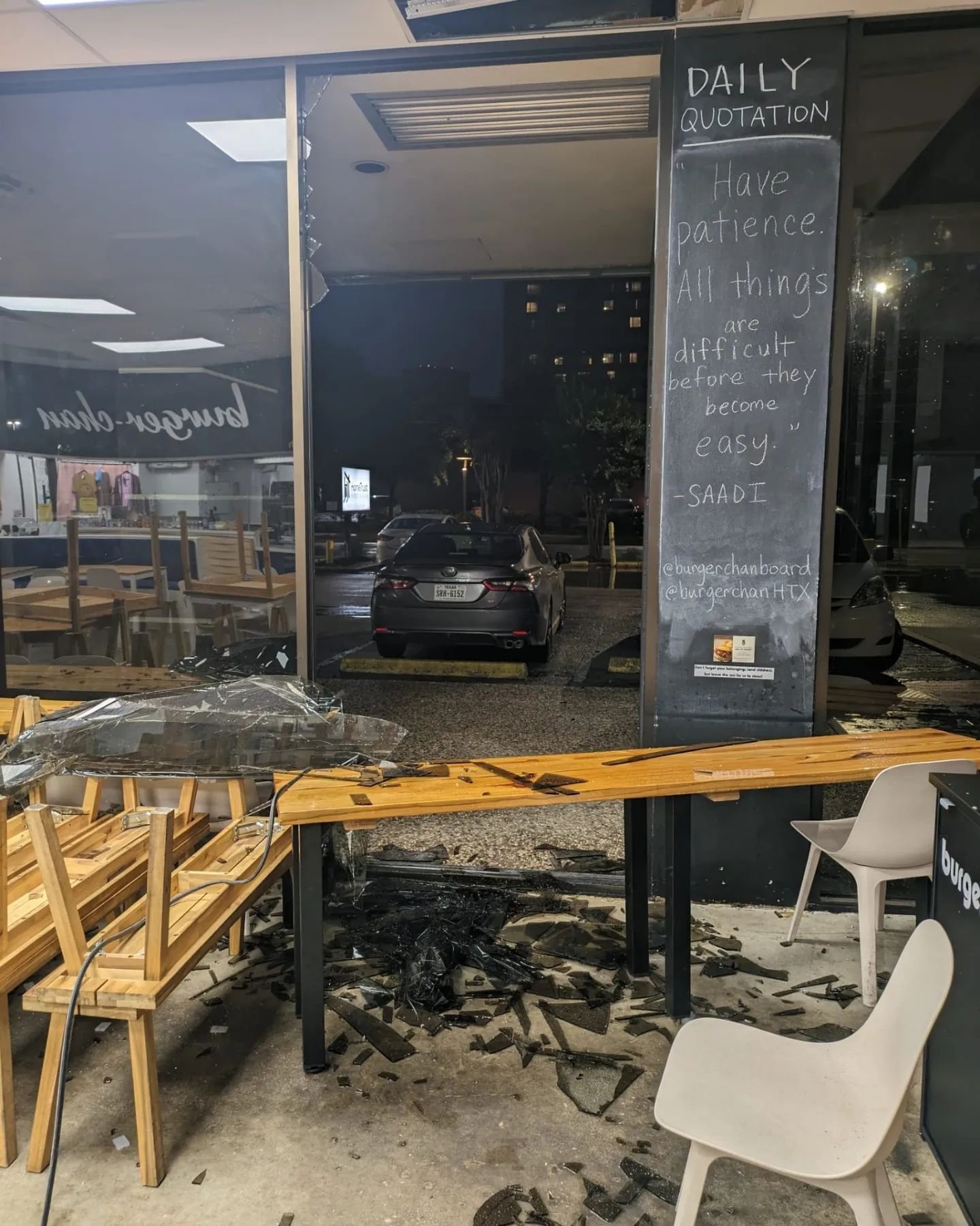 Friday, 5/17/2024, update:  we will be open for lunch service!

Last night @lancezradio alerted us that the high winds from the storm had shattered our front window and damaged our interior.

@willetcooks rushed to Home Depot to purchase wood, and @t