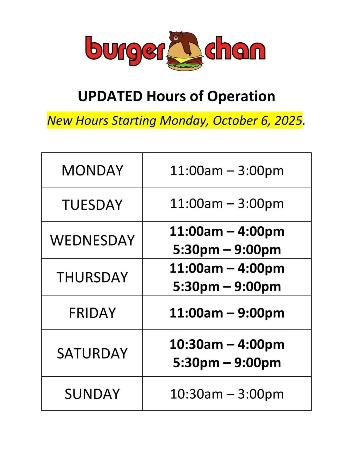 New hours, as of Monday, 10/6/25.