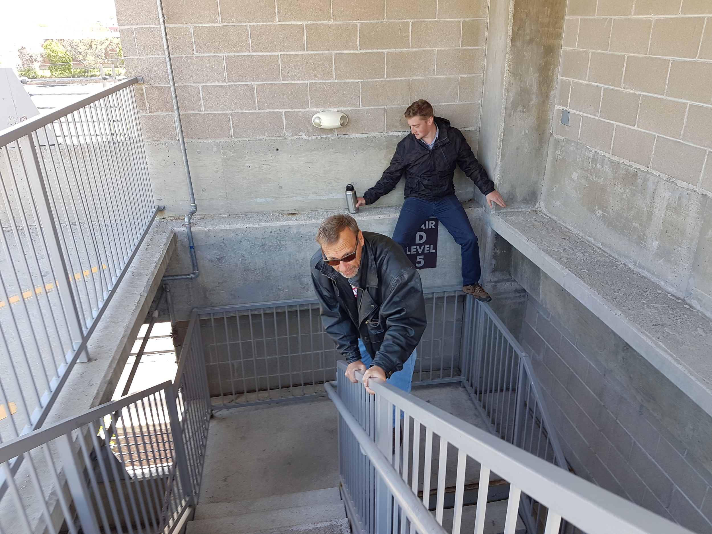 Hank begins his Spartan training regime by climbing the stairs without using the stairs.