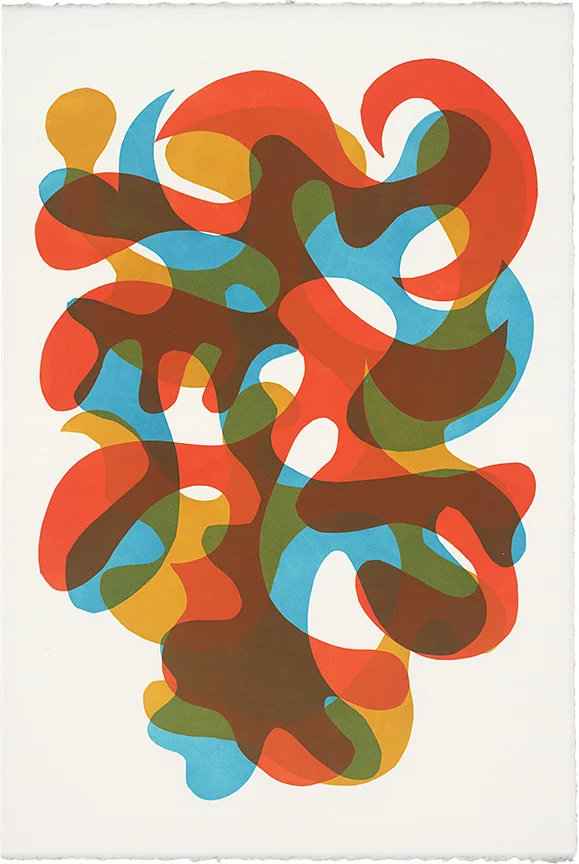 Ochre, turquoise, orange, monotype, 15 x 22 in., 2016