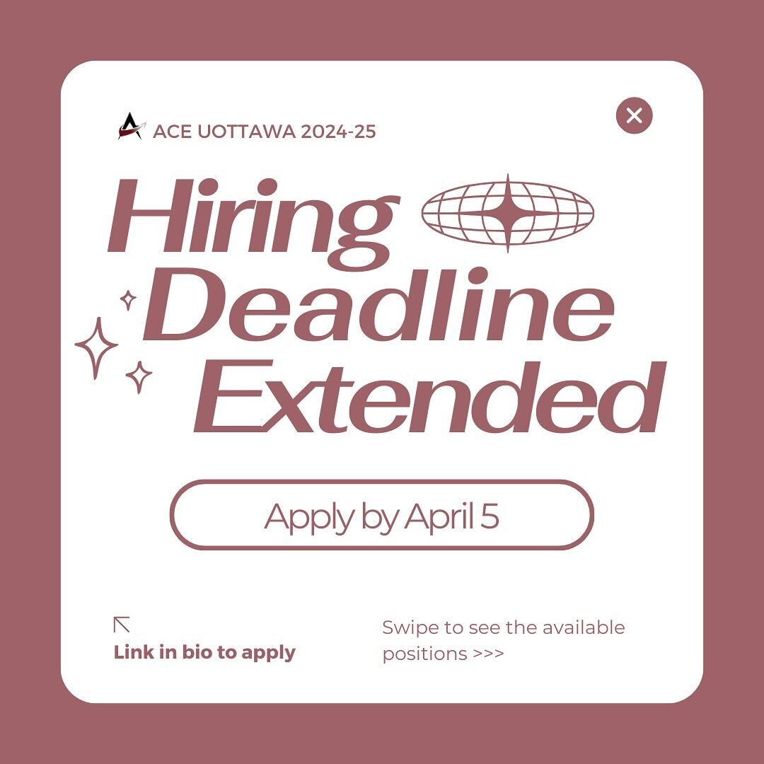 The deadline to send in your ACE exec application has been extended to Friday April 5th! Apply by clicking the link in our bio to join our 2024-25 executive team!
&mdash;
La date limite pour envoyer votre candidature &agrave; l&rsquo;ex&eacute;cutif 